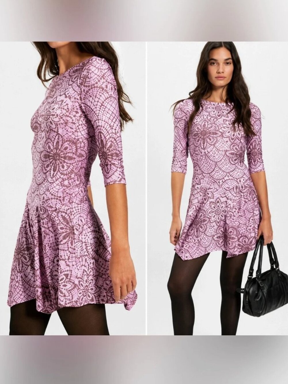 NWT Free People Relish Lilac Print Stretch Knit Drop Waist Mini Dress S Boho